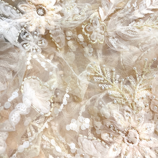 Peach Embroidered Net Fabric Embellished with Beads and Sequins - 50" Width