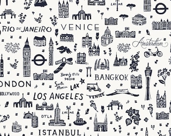 Bon Voyage - World Traveler Silhouette Navy Fabric od Rifle Paper Co. - Tkanina bawełniana