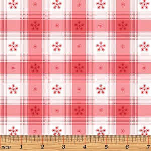 May include: Red and white checkered fabric with a repeating pattern of small red flowers. The fabric is measured in inches.