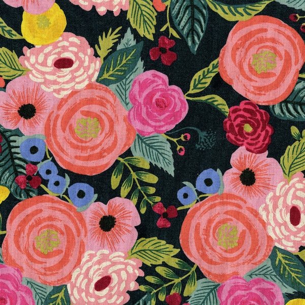 Canvas Fabrics - Cotton + Steel - English Garden - Juliet Rose Navy Canvas Fabric by Rifle Paper Co.