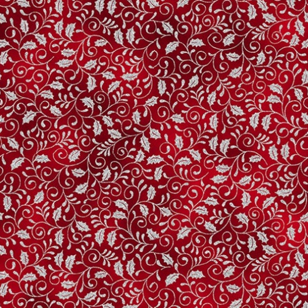 Hoffman Fabrics - Holiday Wishes - Mistletoe Scroll Crimson/Silver - Metallic Cotton Fabric