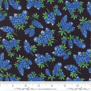 Moda Fabrics - Fields of Blue - Tossed Bluebonnets on Black - Cotton Fabric