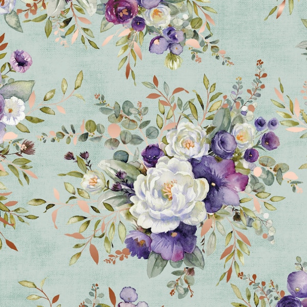 RJR Fabrics - Lilac and Sage - Bouquet Sage Copper Pearl - Metallic Cotton Fabric