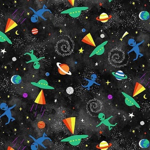 Blast Off! Tossed Aliens and UFOS Fabric - Digital Print - Cotton Fabric