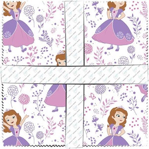 May include: A white fabric with a repeating pattern of a purple-clad princess with a crown, flowers, and leaves. The princess is holding a small red jewel in her hand.