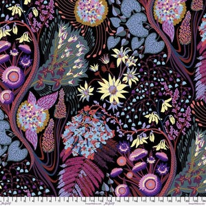May include: A fabric with a floral pattern featuring various flowers and foliage in shades of purple, blue, yellow, and pink against a black background. The design includes stylized blooms and leaves, creating a rich, detailed botanical print.