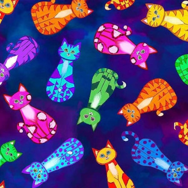 Timeless Treasures - Star Gazing - Colorful Tossed Cats - Digital Print - Cotton Fabric