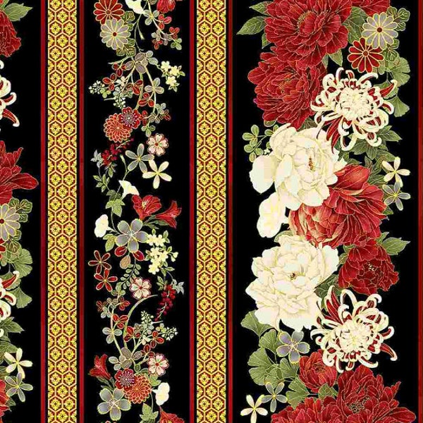 Timeless Treasures - Kyoto Garden - Metallic Asian Floral 11" Stripe Fabric by Chong-a Hwang - Metallic Cotton Fabric