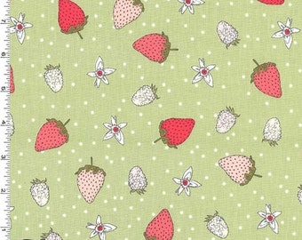 Michael Miller - Strawberry Tea - Fraises Green Tea Fabric by Axelle Design - Cotton Fabric