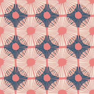 May include: A repeating pattern featuring a grid of stylized floral or sunburst designs. Each design element consists of a central coral-colored circle, surrounded by radiating lines in a lighter coral hue. The outer shapes are navy blue.
