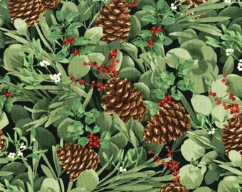 May include: A seamless pattern featuring pine cones, holly berries, and green leaves on a dark background. The pattern is ideal for festive crafts and projects.