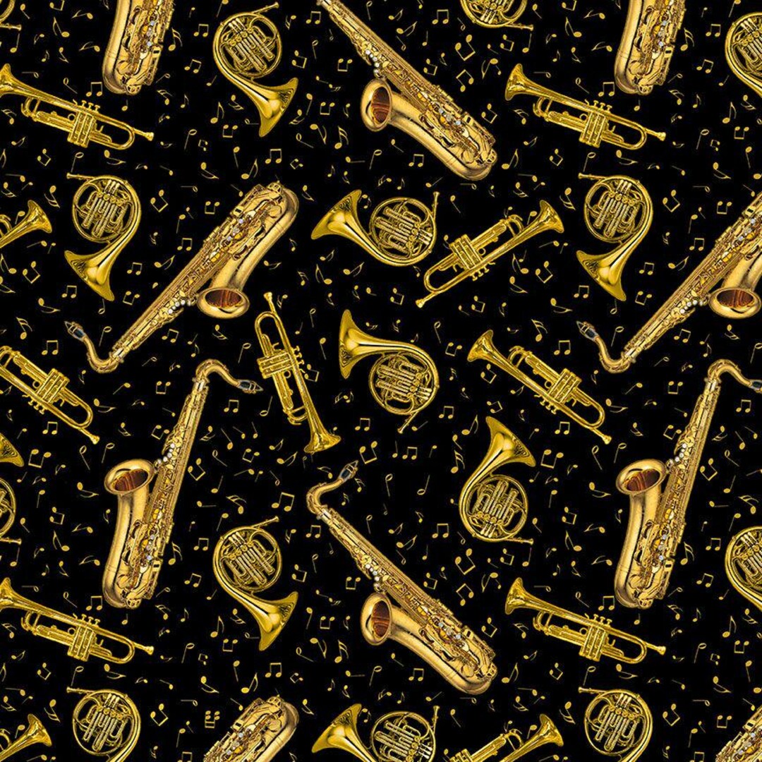 Otton A Instrument Classical Music - Tossed Brass Instruments - Metallic - Cotton Fabric ...