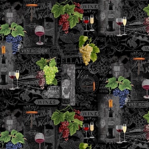 Timeless Treasures - Wine Tasting - Wine Chalkboard Black Fabric - Digital Print - Cotton Fabric