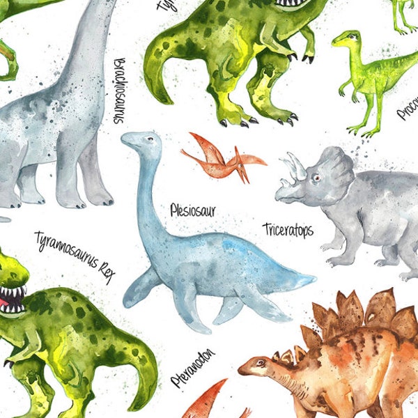 17"x43" Remnant - Timeless Treasures - Dino Trek/Pre-Historic - Dinos and Names on White - Cotton Fabric