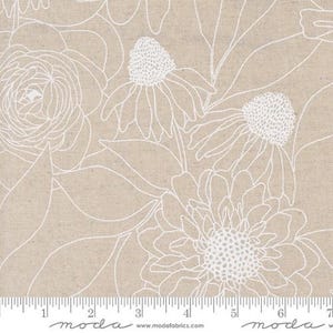May include: White floral pattern on a beige linen fabric. The pattern features stylized flowers and leaves. The fabric is marked with a ruler in inches.