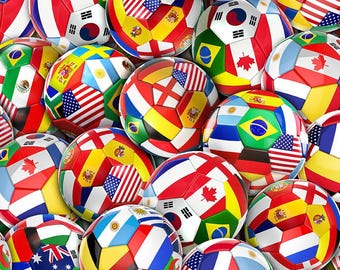 May include: A selection of footballs featuring the flags of different nations, such as the USA, Canada, Brazil, and South Korea. The balls are white with colourful flag designs, creating a vibrant display. The image showcases a variety of international flags.