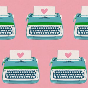 May include: A repeating pattern of teal typewriters with green accents and white keys, each with a sheet of paper featuring a pink heart. The background is a solid pink color. The image has a retro, romantic theme.
