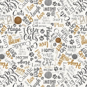 Könnte beinhalten: Weißer Hintergrund mit einem sich wiederholenden Muster aus schwarzem und goldenem Text und Pfotenabdrücken. Der Text enthält Sätze wie "Ich liebe Katzen", "Katzen regieren", "Zuhause ist, wo deine Katze ist", und "Das Leben ist besser mit einer Katze".