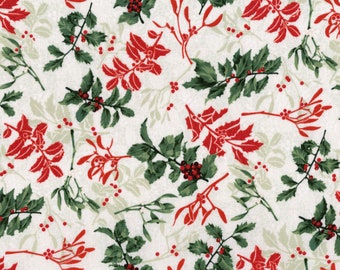May include: A seamless pattern featuring red and green holly sprigs with berries on a white background.