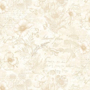 May include: Cream-colored wallpaper with a vintage floral design. The pattern features sketched poppies, botanical elements, and handwritten script. The words "Botanical flower" and "Beauty Flowers" are visible.
