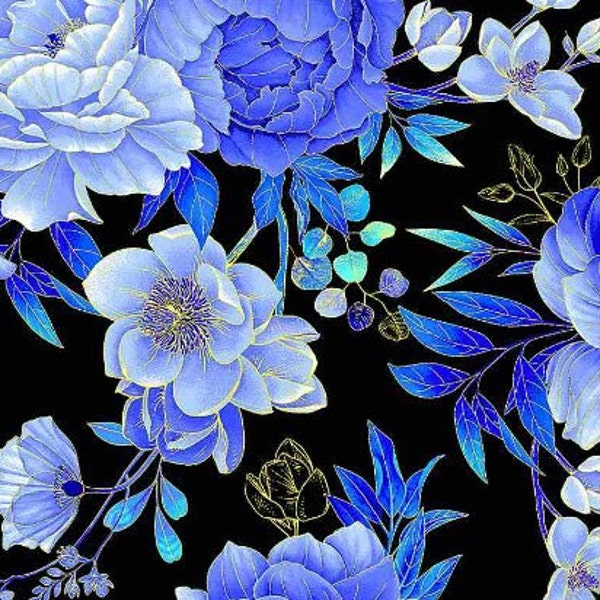 Timeless Treasures - Royal Plume - Large Metallic Floral - Metallic Cotton Fabric