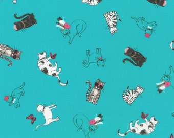 Robert Kaufman - Fancypants - Cats Teal Blue Fabric by World Art Group - Cotton Fabric