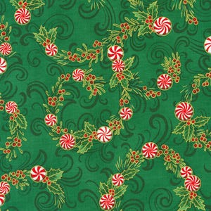 May include: A repeating pattern of Christmas candy canes, holly leaves, and red berries on a green background. The candy canes are red and white, and the holly leaves are green with gold accents. The berries are small and red.