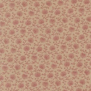 May include: A seamless fabric pattern featuring a repeating floral design in a muted red hue against a tan background. The flowers are stylized with dotted details, connected by winding stems and small berry-like accents.