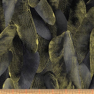 Benartex - Dragonfly Dance - Gilded Wings Black/Charcoal Metallic Fabric by Kanvas Studio - Metallic Cotton Fabric