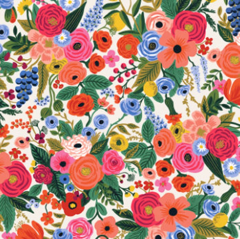 May include: A colorful floral pattern with pink, red, orange, blue, yellow, and green flowers on a white background.