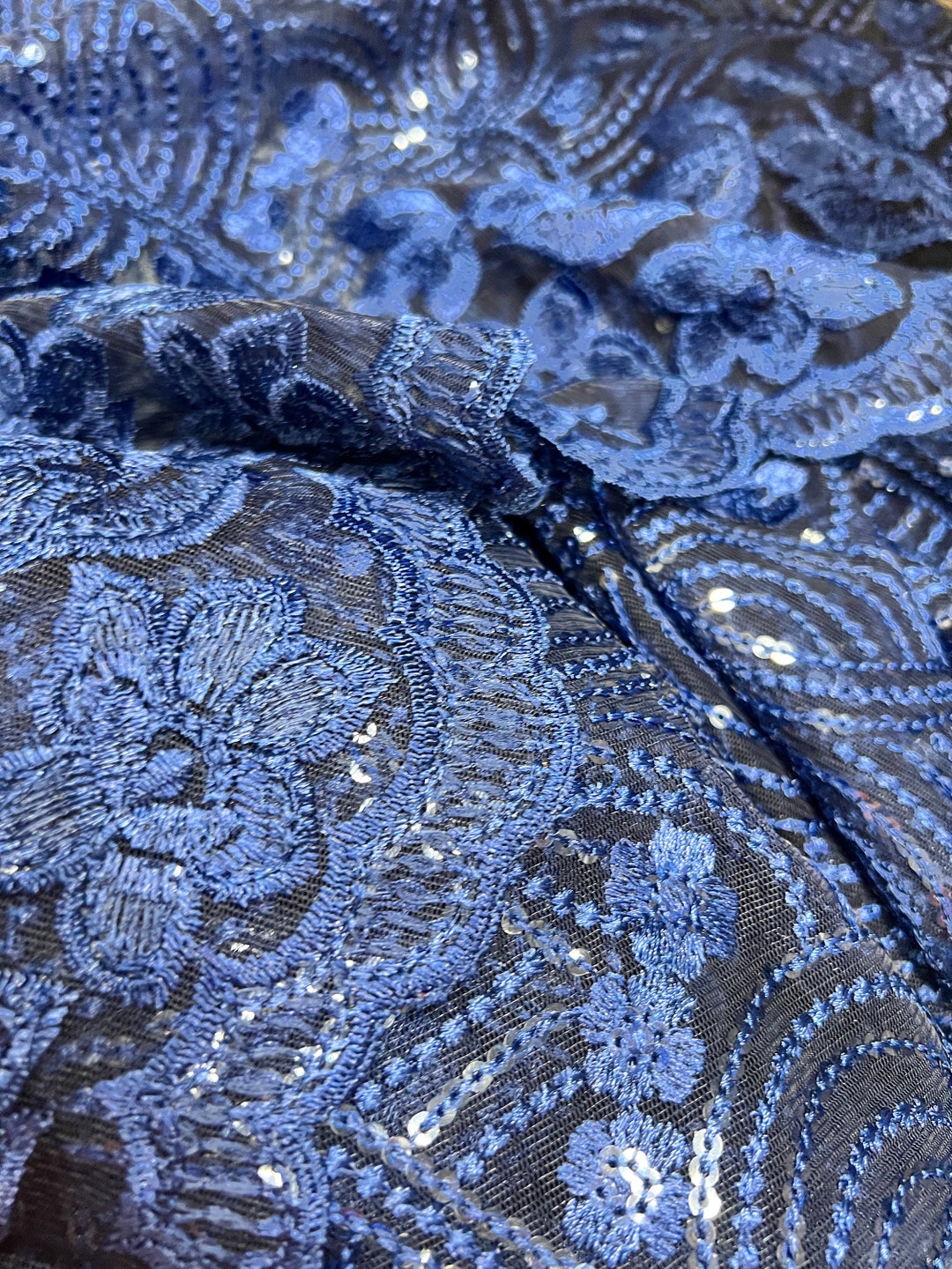Dark Blue Embroidered Net Fabric Embellished With Sequins - Etsy