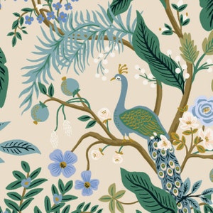 Vintage Garden Peacock Cream Metallic Canvas Rifle Paper Co Fabric
