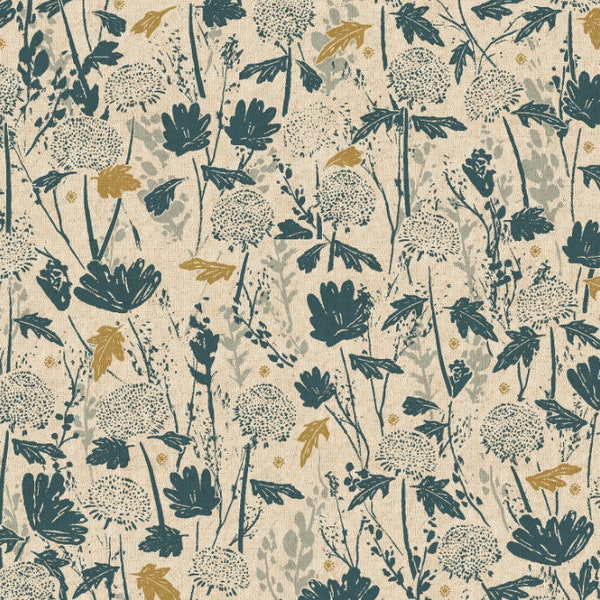 Canvas Fabric - Cotton + Steel - Summer Folk - Wander Field - Marine Unbleached Canvas Fabric by Lissie Teehee