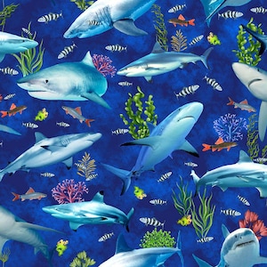 Ocean Life - Reef Shark And Fishes Fabric - Digital Print - Cotton Fabric