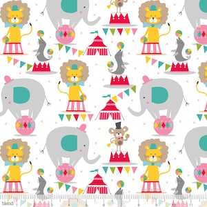 May include: A white background with a repeating pattern of circus animals, including a lion, elephant, seal, and a bear. The animals are performing tricks, such as balancing on balls and juggling. There are also red and white striped tents and colorful flags.