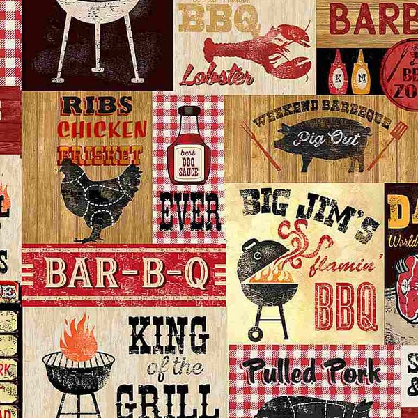 Timeless Treasures -  King Of The Grill - Barbeque Sign Patch Fabric - Digital Print - Cotton Fabric