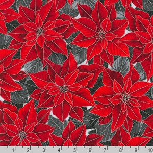 Holiday Flourish (15) - Poinsettias Scarlet Silver - Metallic Cotton Fabric