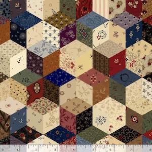 May include: A fabric featuring a repeating pattern of 3D cubes. Each cube is made up of six hexagonal patches in diverse colours and floral or geometric designs. Colours include cream, blue, red, brown, and green.