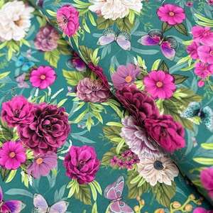 Teal Floral Cotton Fabric: Midnight Garden by Danielle Leone