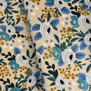 Canvas Fabric - Les Fleurs - Garden Party - Rosa Blue Unbleached Canvas Fabric by Rifle Paper Co.