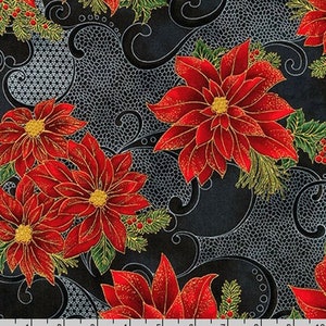 Holiday Flourish 12 - Poinsettia Blooms Black by Peggy Toole - Metallic - Cotton Fabric