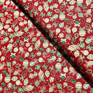 Holiday Charms - Holiday Ornaments Red Gold - Metallic Cotton Fabric