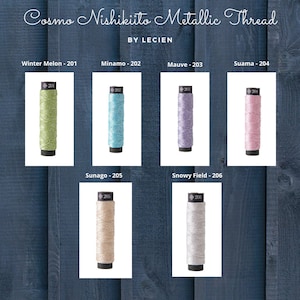 May include: Six spools of metallic thread in various colors, including green, blue, purple, pink, beige, and silver. The spools are labeled with numbers 201 through 206. The text "Cosmo Nishikiito Metallic Thread by Lecien" is at the top of the image.