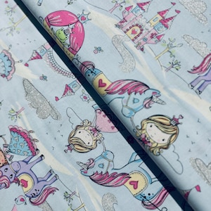 Princesses and Unicorns Cotton Fabric with Glitter