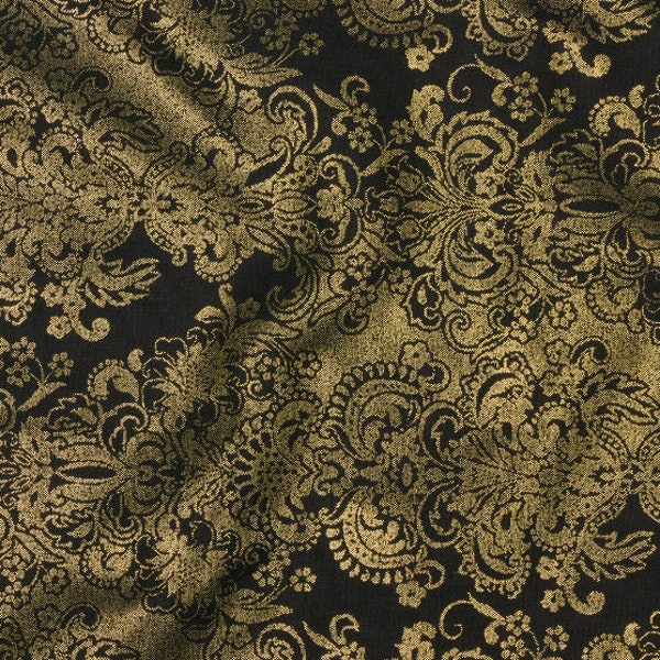 Robert Kaufman - Season of Sparkle - Damask Ebony Gold Metallic Fabric - Metallic Cotton Fabric