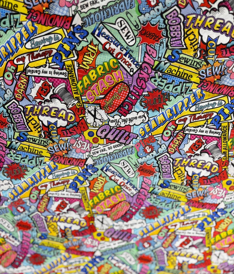 Sew Strong - Sewing and Quilting Words Comic Fabric - Cotton Fabric - Etsy