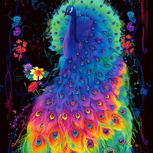 23" Panel - Timeless Treasures - Glow - Rainbow Peacock Panel - Sold by the Panel (23" x 43")