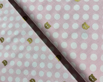 Cat Dot Pink Cotton Fabric with Gold Sparkle