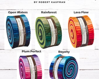 Artisan Batiks Prisma Dyes Open Waters/Lava Flow/Plum Perfect/Rainforest/Royalty Roll Up 40, 2.5&quot; x 42&quot; Precut Fabrics