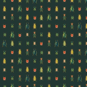 May include: A repeating pattern of various colorful beetles on a dark teal background. The beetles are in shades of green, yellow, orange, and blue, with detailed wing and body patterns. The design is evenly spaced, creating a visually engaging insect-themed print.